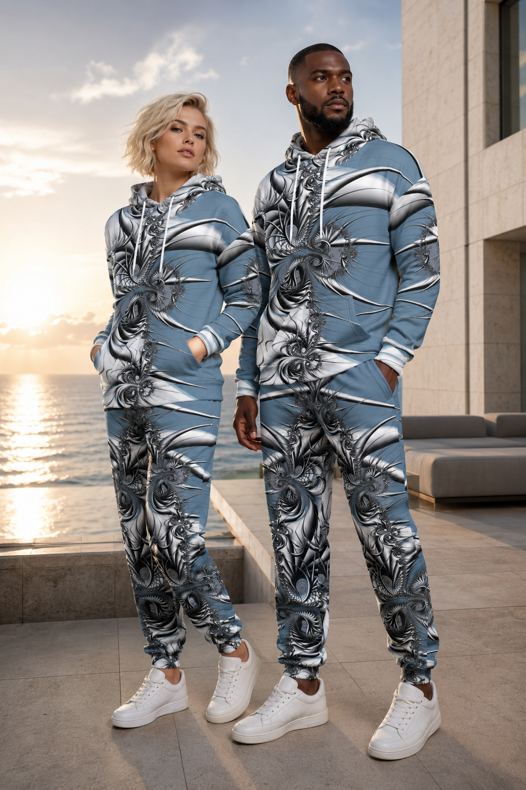 Two fashion models wearing matching blue, silver, black, and white ZKoriginal fractal-art hoodies and joggers at a luxurious waterfront terrace during golden hour.