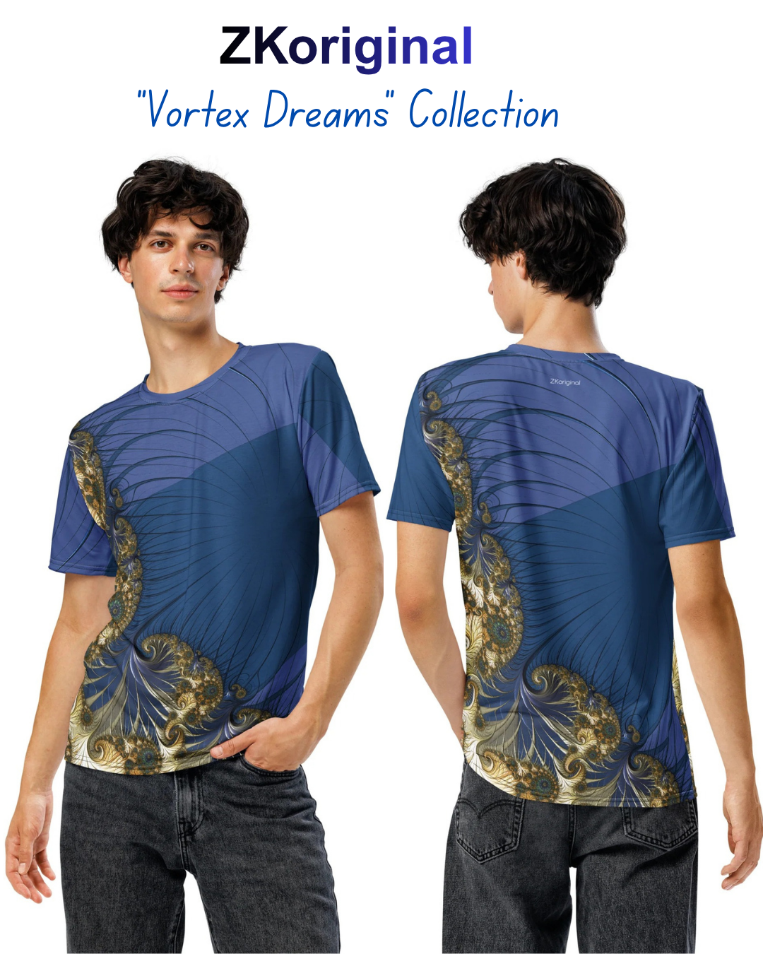 Luxury designer T-shirt for men by ZKoriginal — vibrant geometric art print on premium fabric, styled with minimalist jacket.