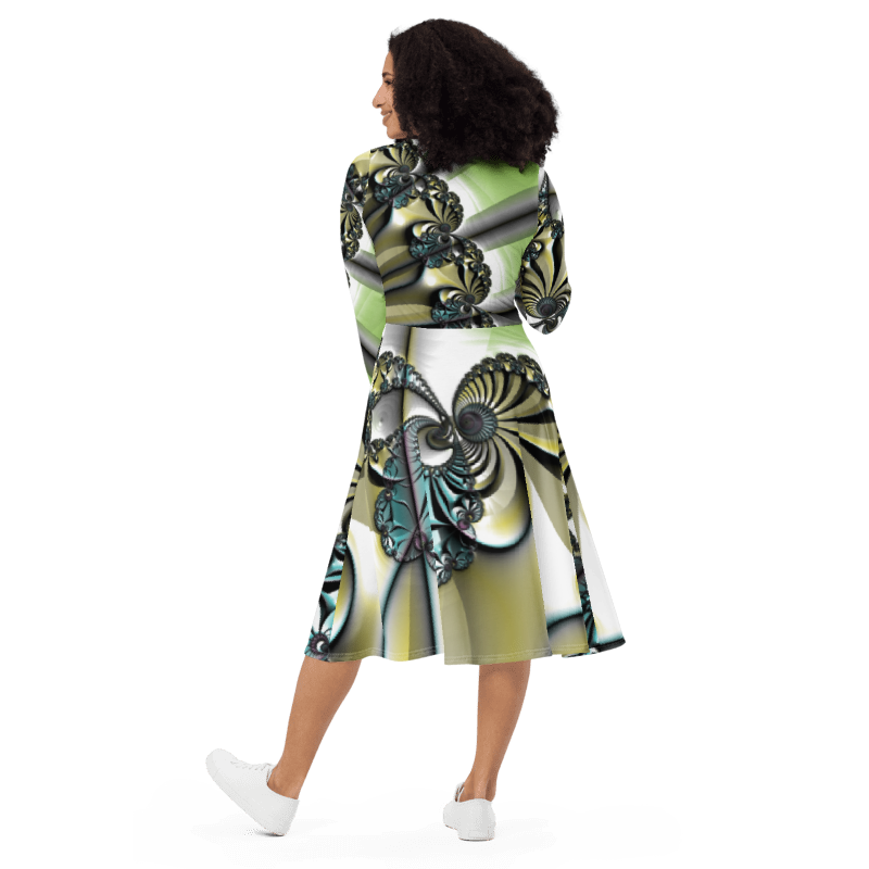 "Lustrous Lattice" Collection - All-Over Print Long Sleeve Midi Dress ZKoriginal