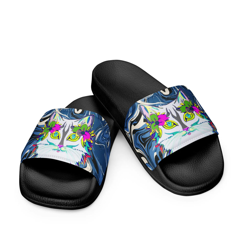"Sonya My Beautiful Cat" Collection - White Cat Print Mens Slides ZKoriginal