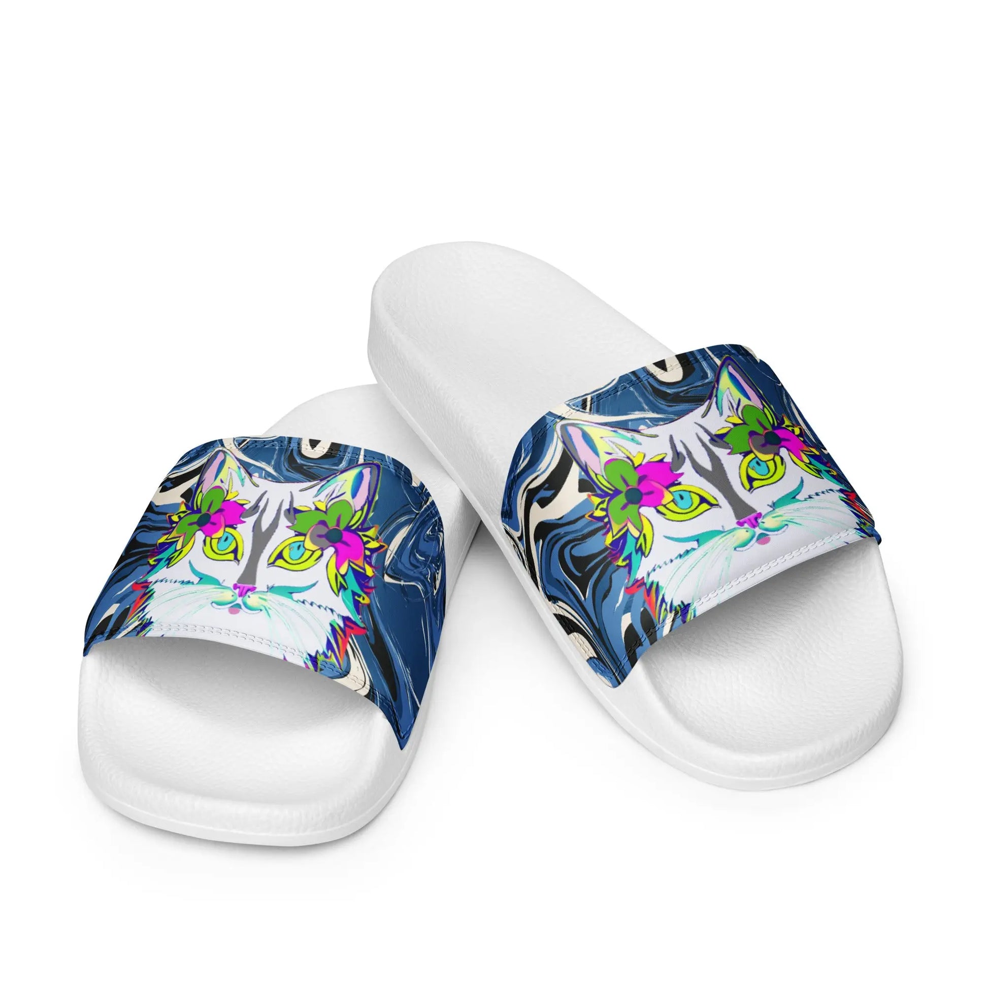 "Sonya My Beautiful Cat" Collection - White Cat Print Mens Slides ZKoriginal