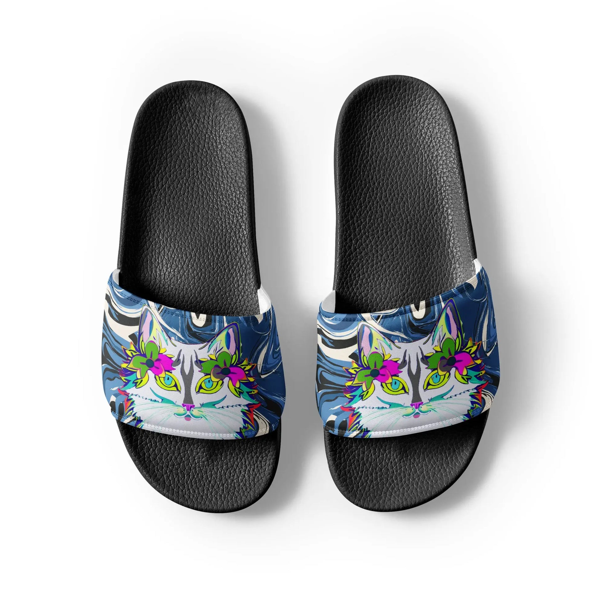 "Sonya My Beautiful Cat" Collection - White Cat Print Mens Slides ZKoriginal