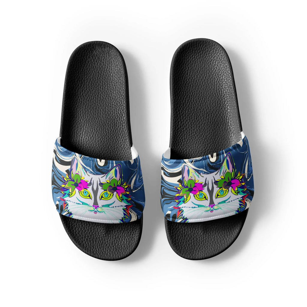 "Sonya My Beautiful Cat" Collection - White Cat Print Mens Slides ZKoriginal
