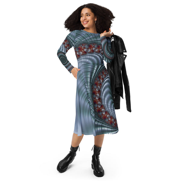 "Fractal Seashell" Collection - Designer Long Sleeve Midi Dress ZKoriginal
