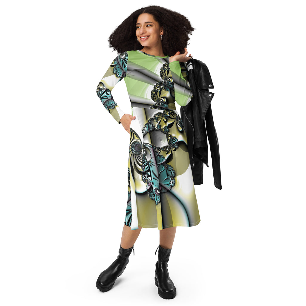 "Lustrous Lattice" Collection - All-Over Print Long Sleeve Midi Dress ZKoriginal