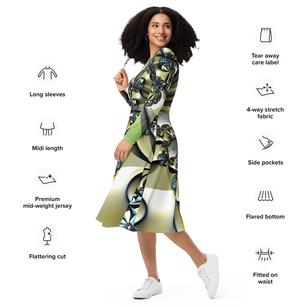 "Lustrous Lattice" Collection - All-Over Print Long Sleeve Midi Dress ZKoriginal