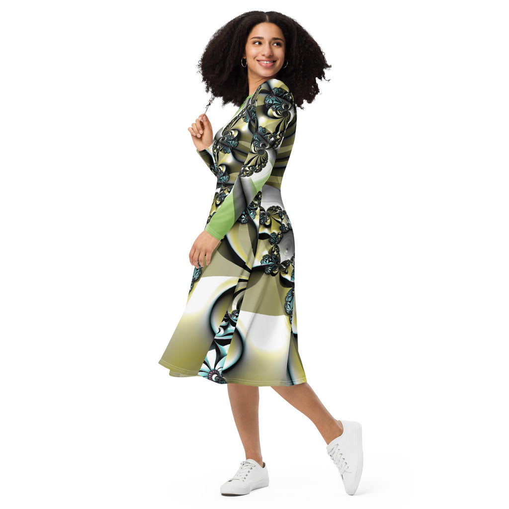 "Lustrous Lattice" Collection - All-Over Print Long Sleeve Midi Dress ZKoriginal