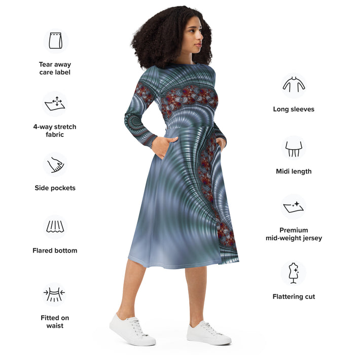 "Fractal Seashell" Collection - Designer Long Sleeve Midi Dress ZKoriginal