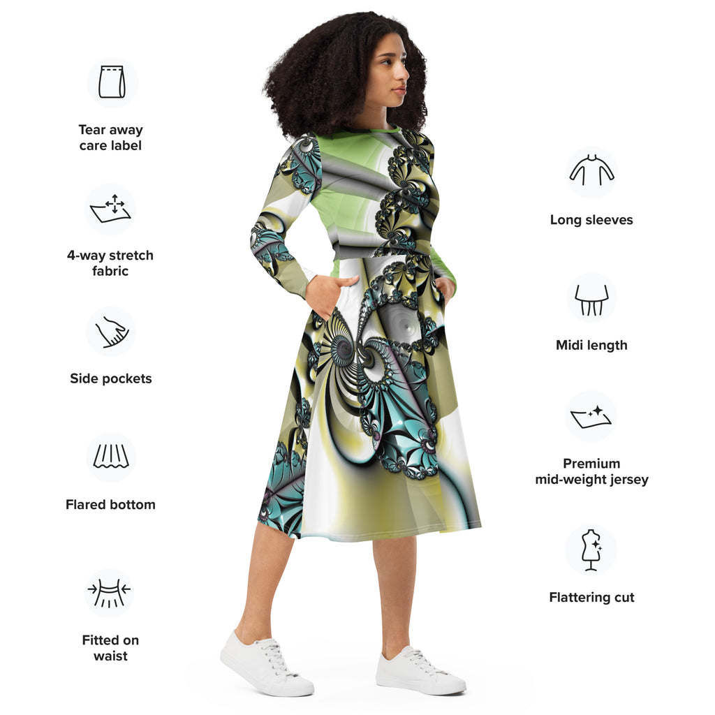 "Lustrous Lattice" Collection - All-Over Print Long Sleeve Midi Dress ZKoriginal