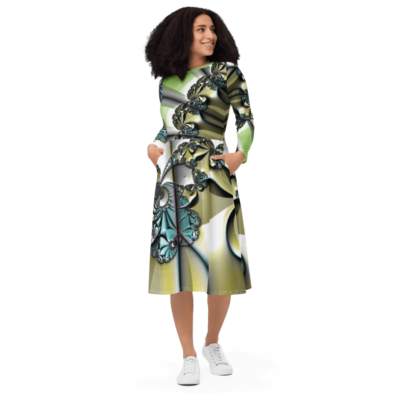 "Lustrous Lattice" Collection - All-Over Print Long Sleeve Midi Dress ZKoriginal