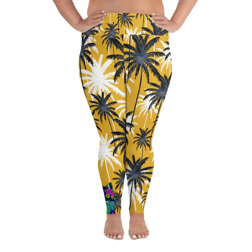 "Cat Lovers" Collection - Palms and Cat Print Plus Size Leggings ZKoriginal