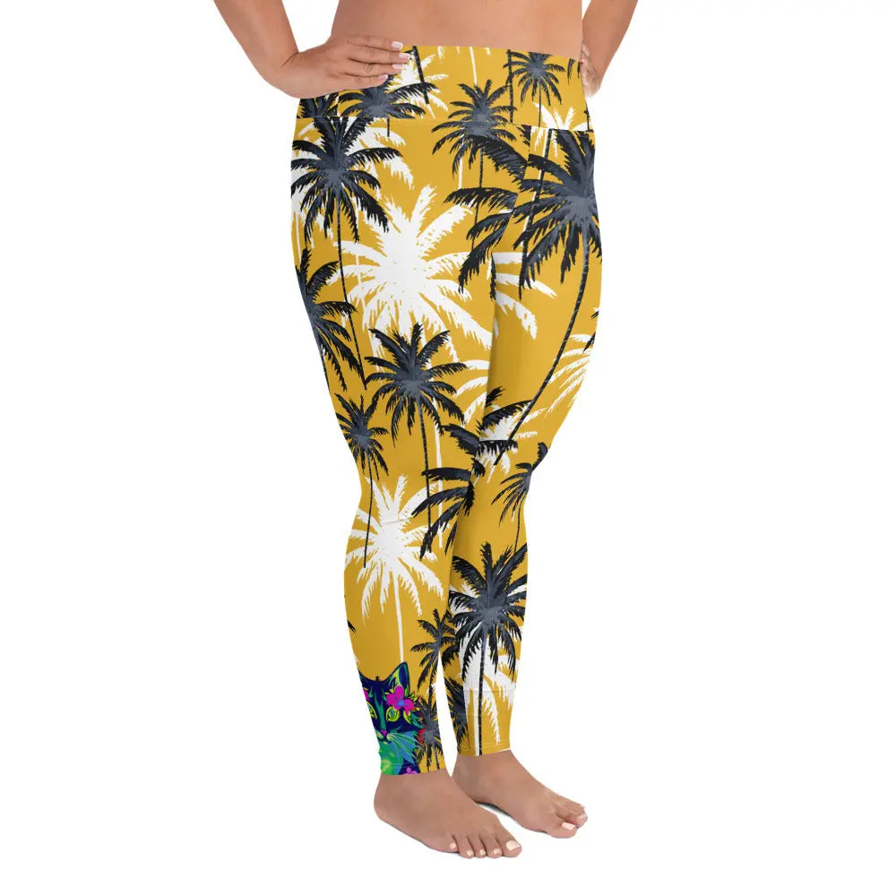 "Cat Lovers" Collection - Palms and Cat Print Plus Size Leggings ZKoriginal