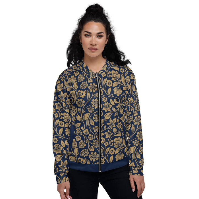 "Floral Lace" Collection - Navy and Golden Lace Print Unisex Bomber Jacket ZKoriginal