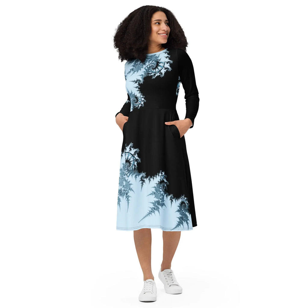 "Ying and Yang Topological Rose" Collection - All Over Print Long Sleeve Midi Dress ZKoriginal