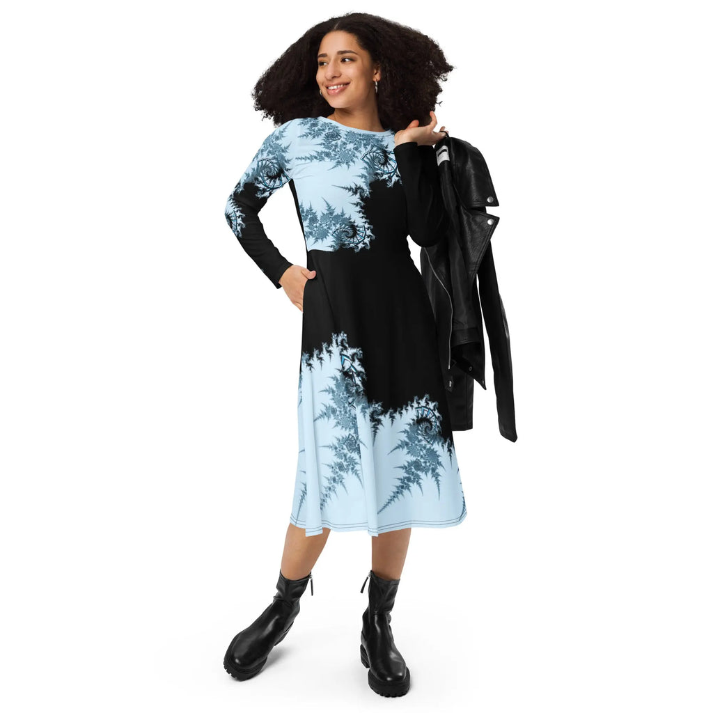 "Ying and Yang Topological Rose" Collection - All Over Print Long Sleeve Midi Dress ZKoriginal