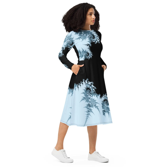 "Ying and Yang Topological Rose" Collection - All Over Print Long Sleeve Midi Dress ZKoriginal